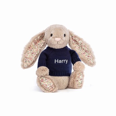 Jellycat Blossom Bea Beige Bunny with Navy Jumper Australia | 623470GDX